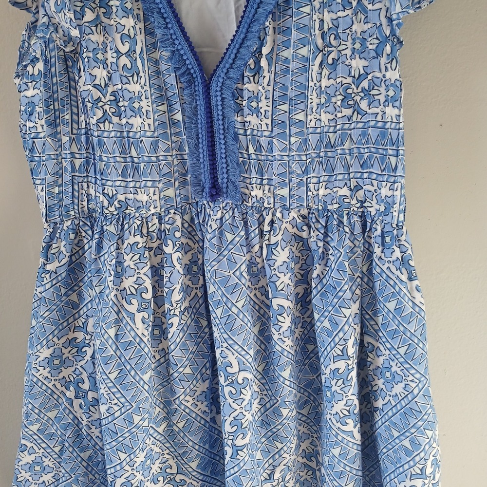 Vineyard Vines Women's Size Medium Cay Scarf Print Pintuck Dress Fringe Mini - Picture 4 of 16